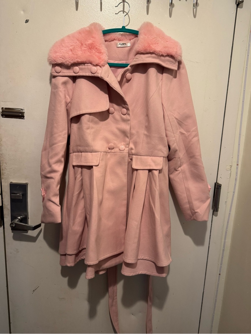 zeagoo Dusty Pink Faux Fur Collar A-Line Trench Coat